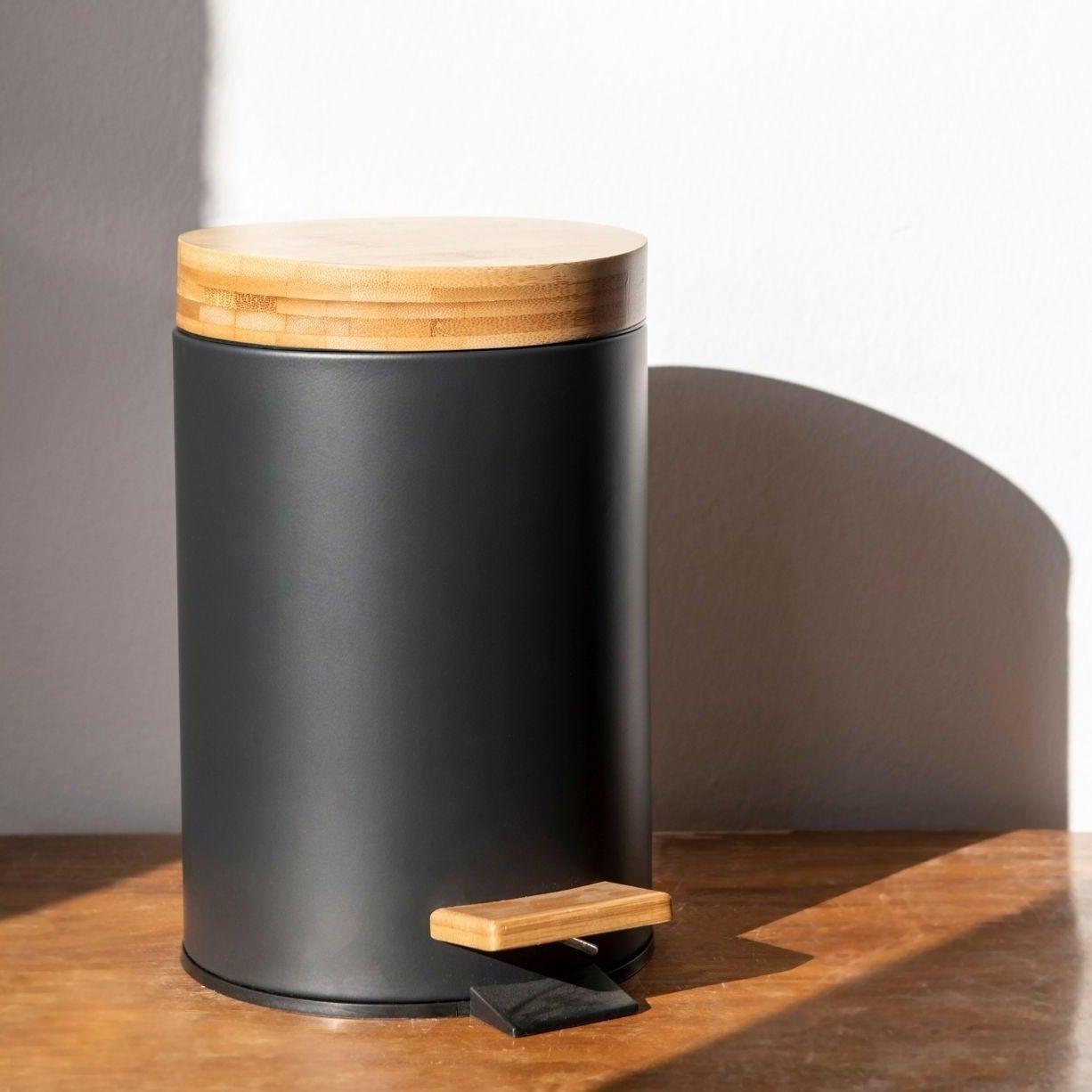 Metal Wastepaper Basket W/Bamboo