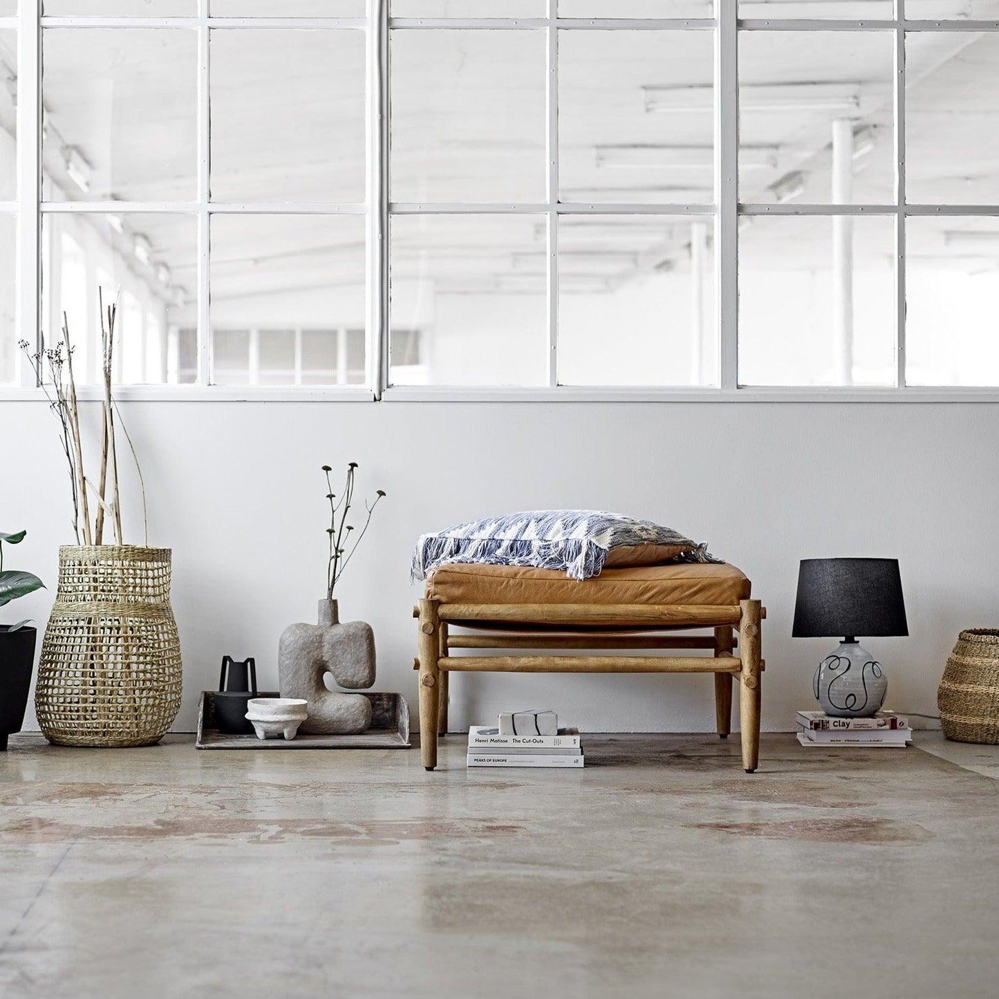 Square Brown Leather Pouf