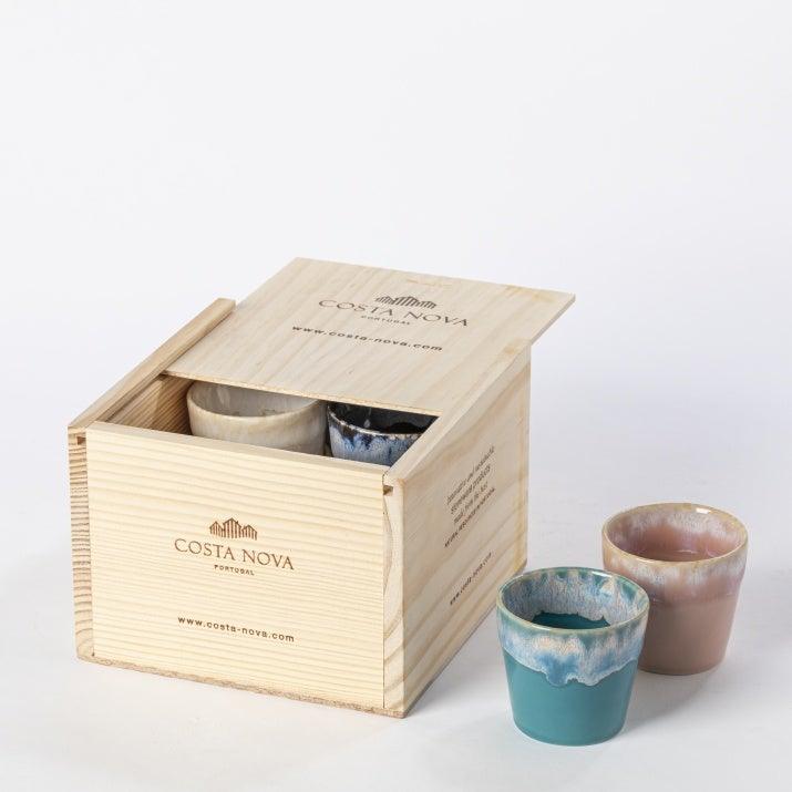 Ceramic Coffee Cups Set (x8) W/Wooden Box